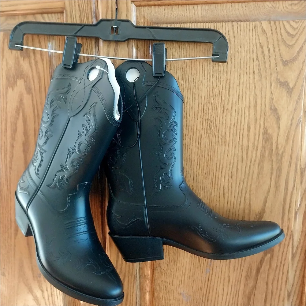 Rubber Cowboy Boots NWT Women's Size 8 Black Pull-on Rain Boots Water‎ Resistant